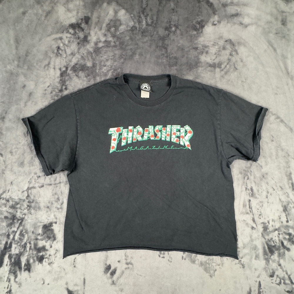 Thrasher T-Shirt Unisex Large Black Rose Logo Cropped Raw Hem Skate Tee